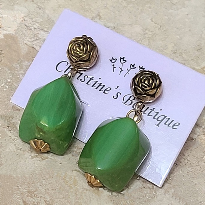 Green dangle earrings, with rose motif, vintage clip ons