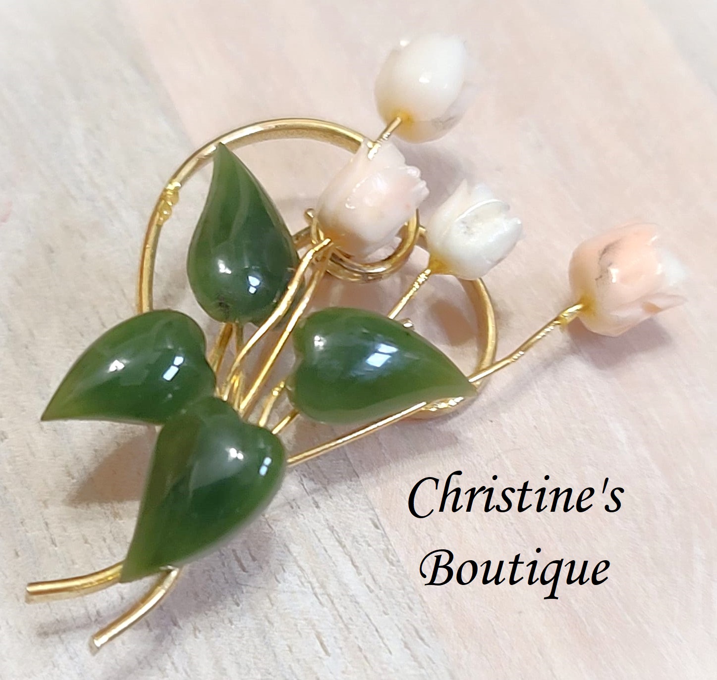 Gemstone pin, with green jade and coral, tulip boutquet pin