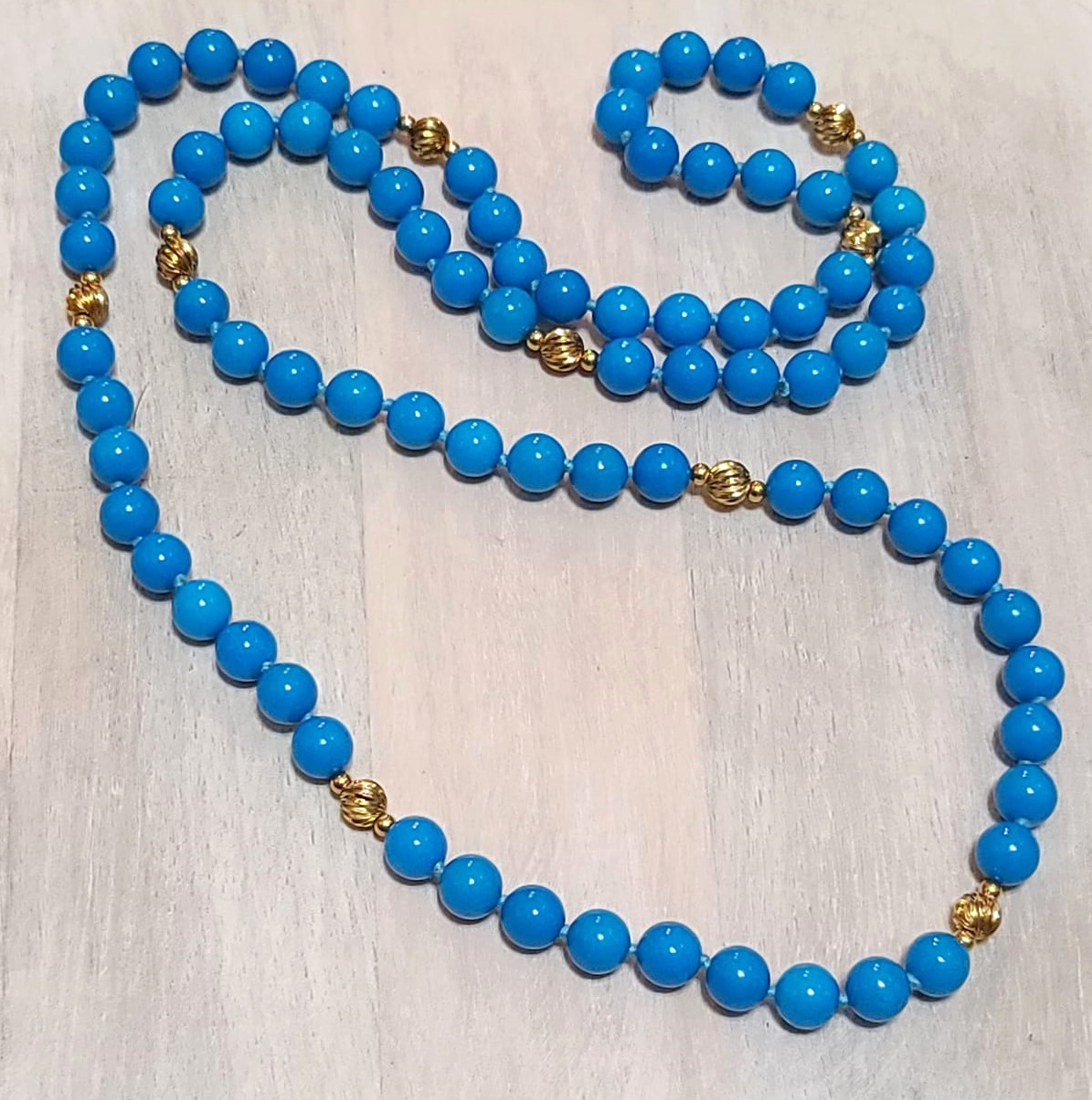 Turquoise glass beaded necklace with gold accent beads 30"