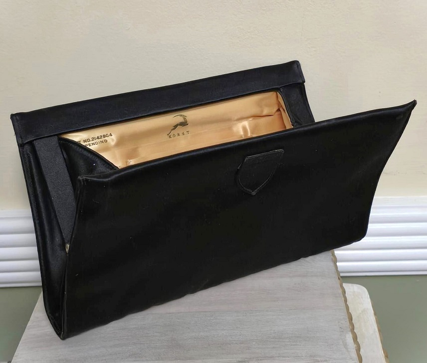 Satin clutch, vintage clutch style purse, black vintage purse, designer Koret, yellow satin interior
