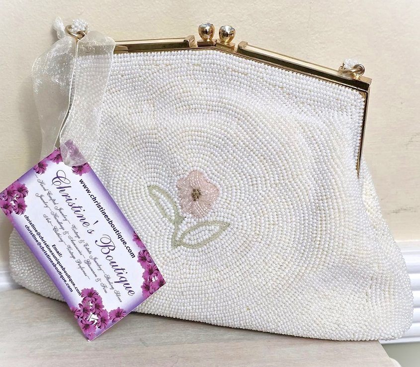 Beaded handbag, vintage beaded bag, signed Japan, abalone shell, aurora borealis stones in a kiss lock frame