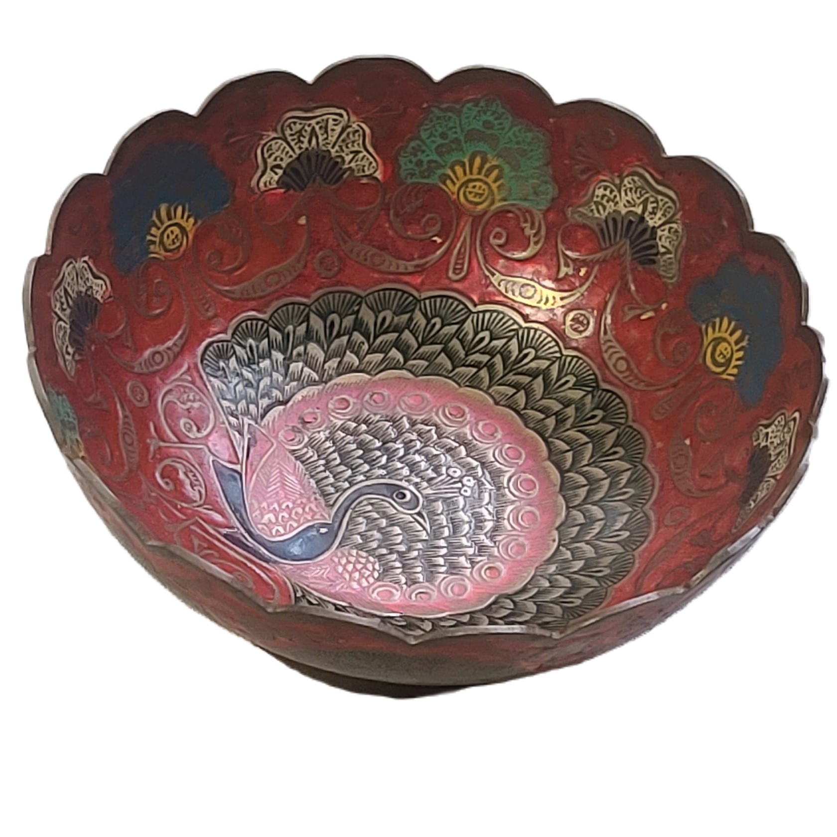 Indian Brass & Enamel Compote Bowl w/Peacock Design