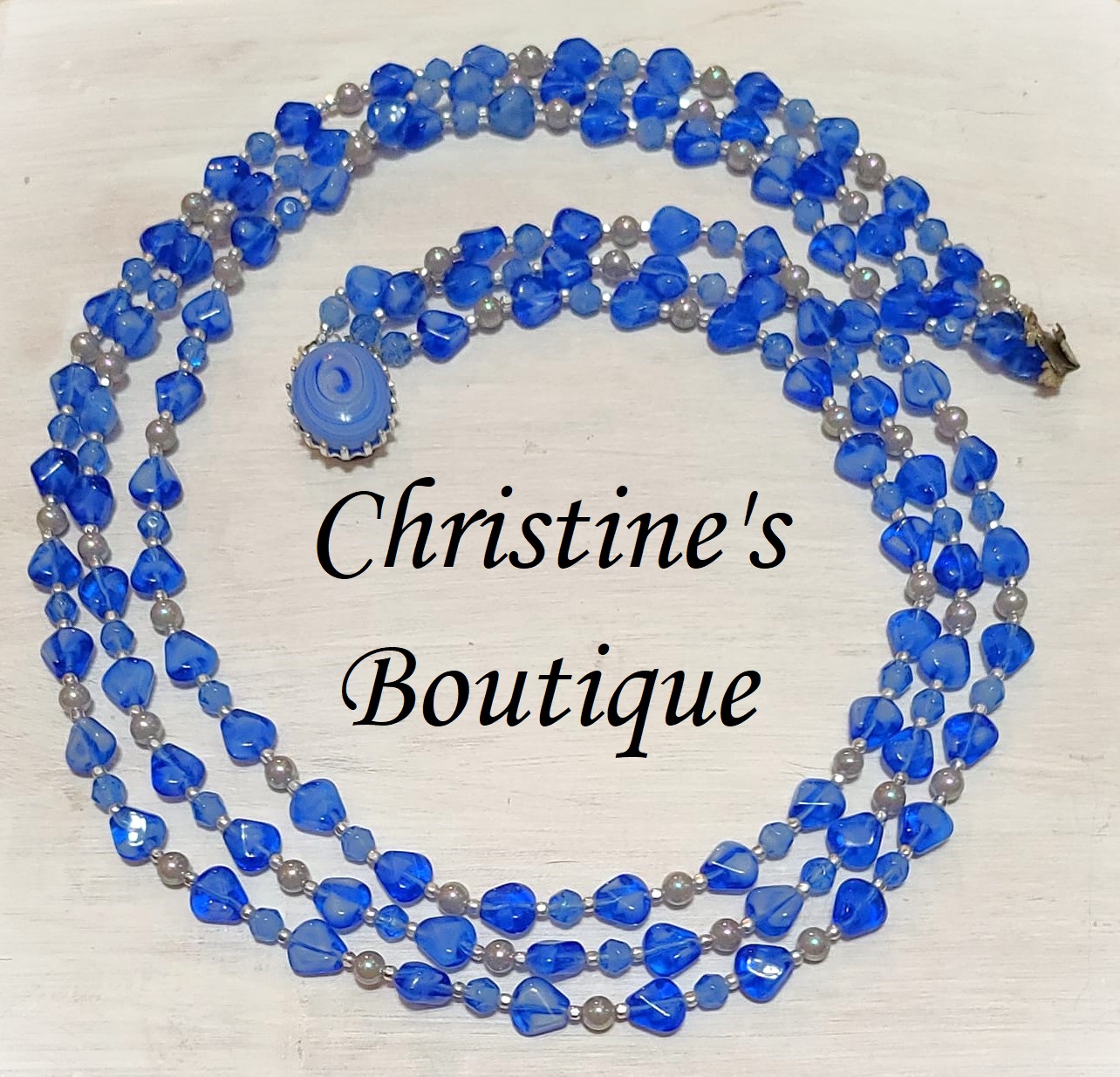 Blue Glass and Pearl 3 Row Bead Necklace w/Beautiful Clasp