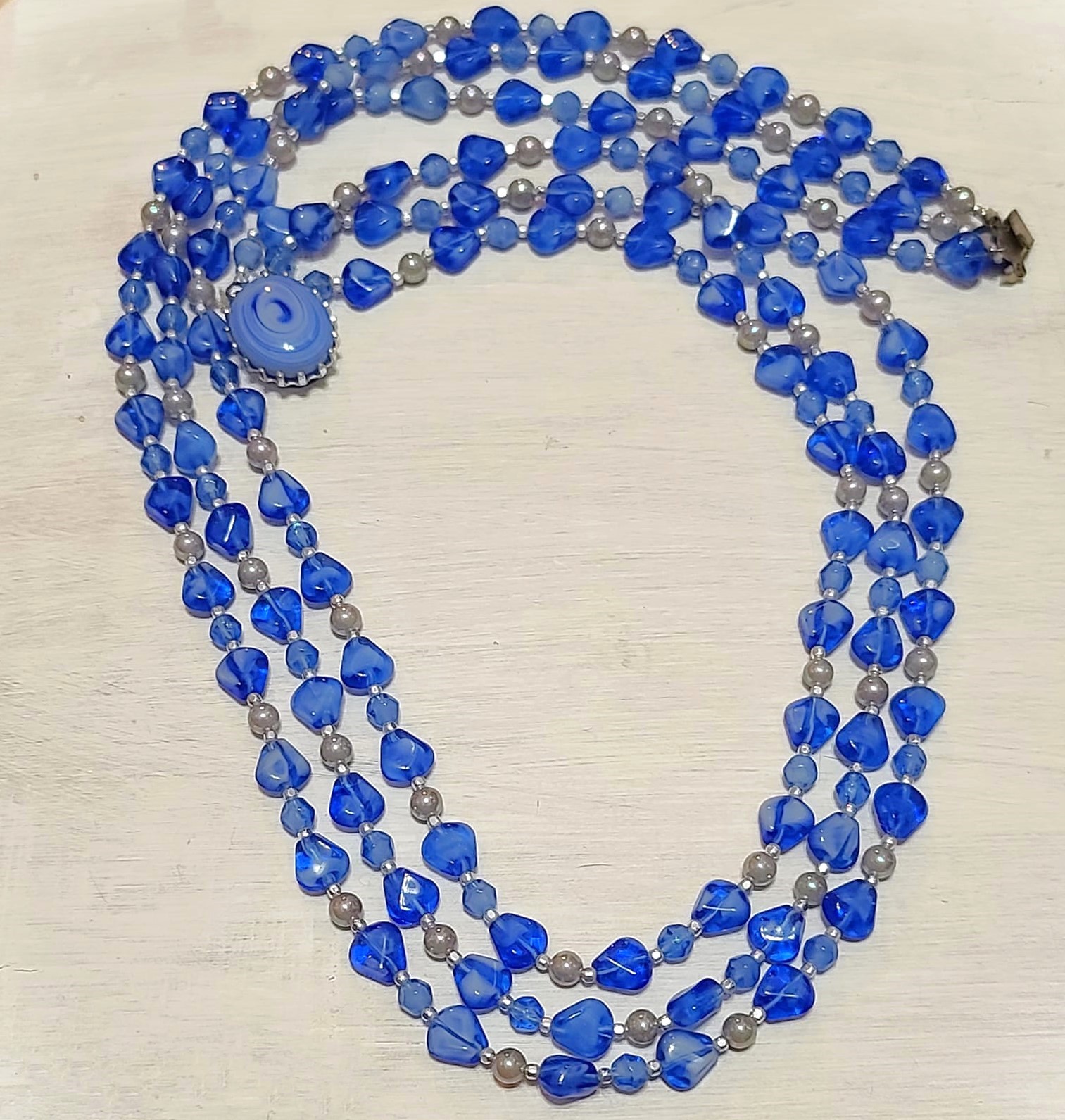 Blue Glass and Pearl 3 Row Bead Necklace w/Beautiful Clasp