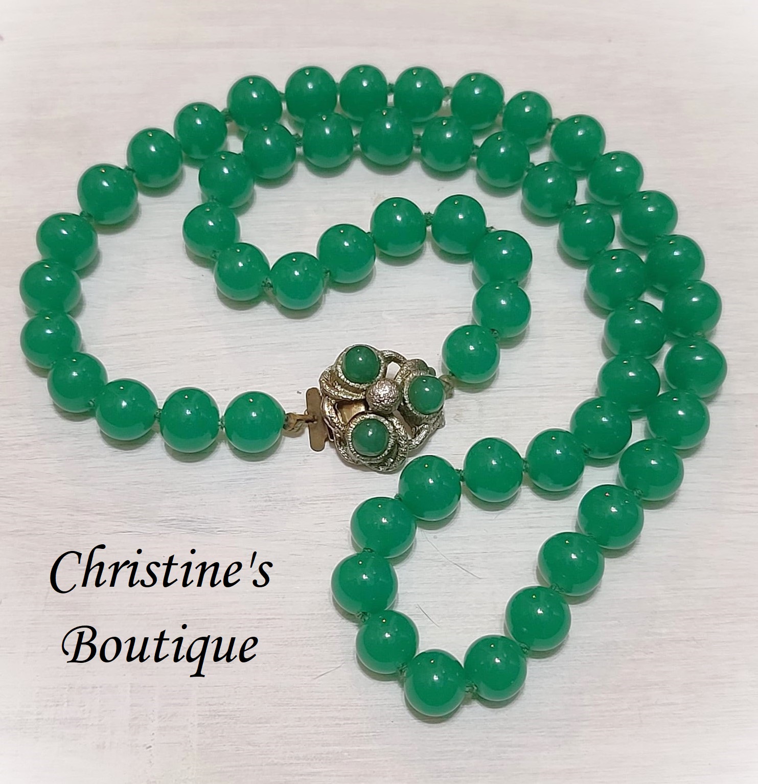 Green Glass Bead 25" Necklace Signed Japan - Click Image to Close