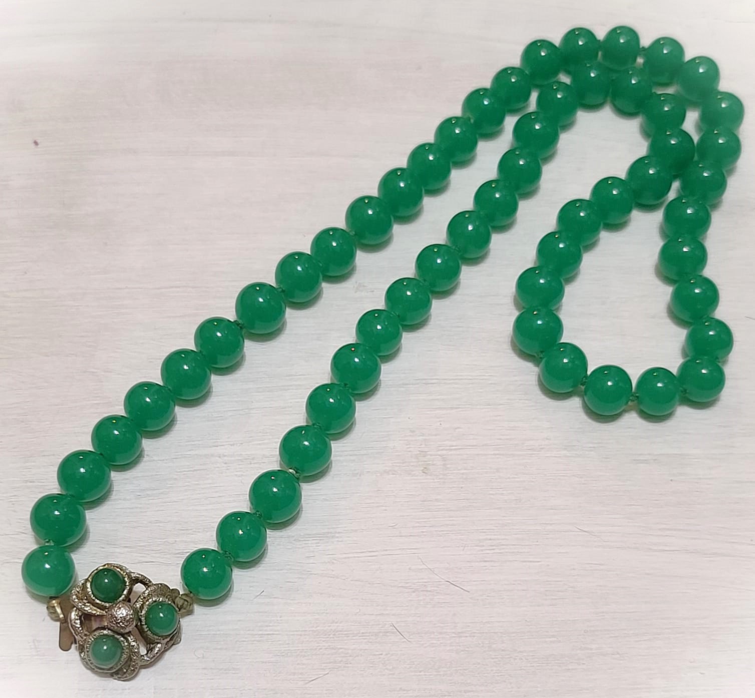 Green Glass Bead 25" Necklace Signed Japan