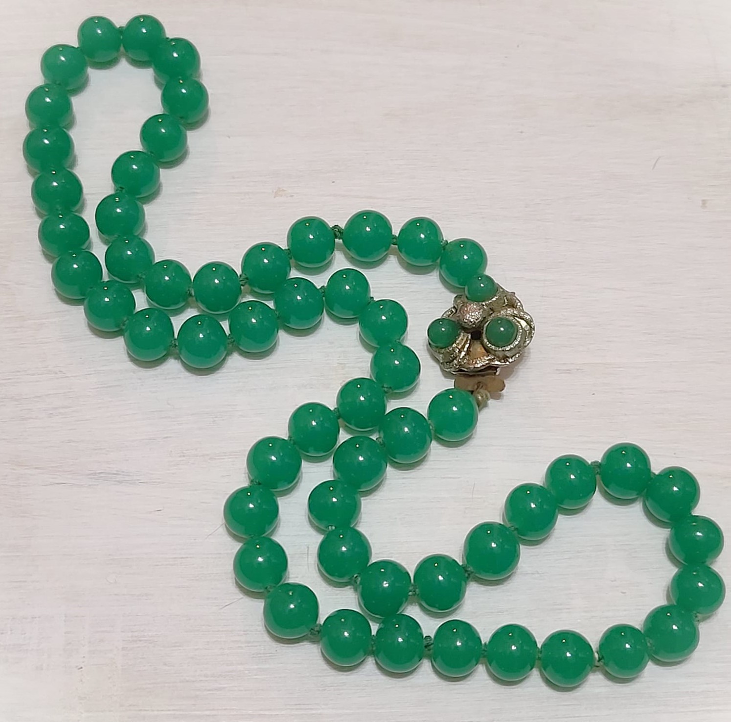 Green Glass Bead 25" Necklace Signed Japan