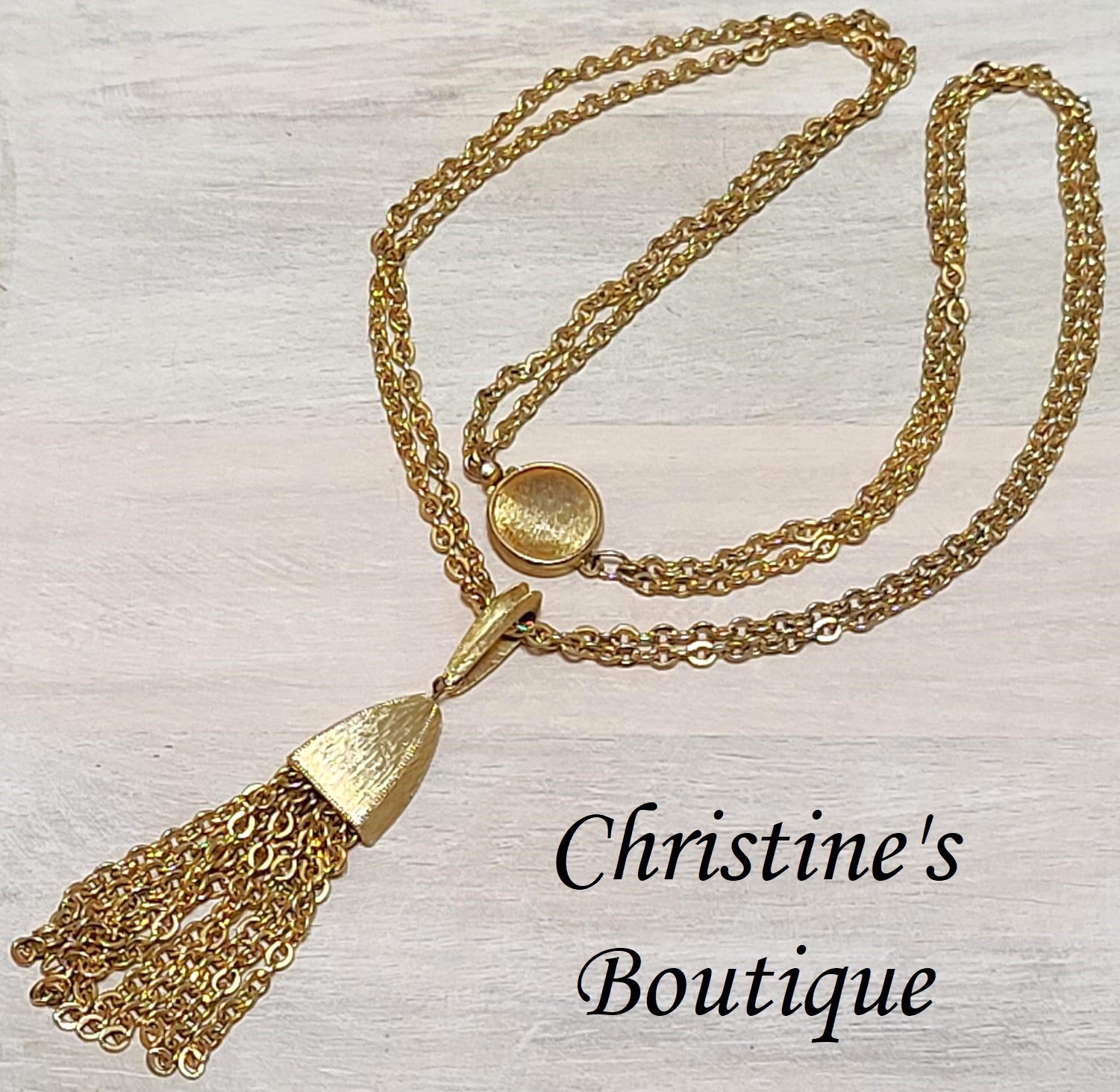 Vintage tassel necklace, brushed gold, 18" length - Click Image to Close