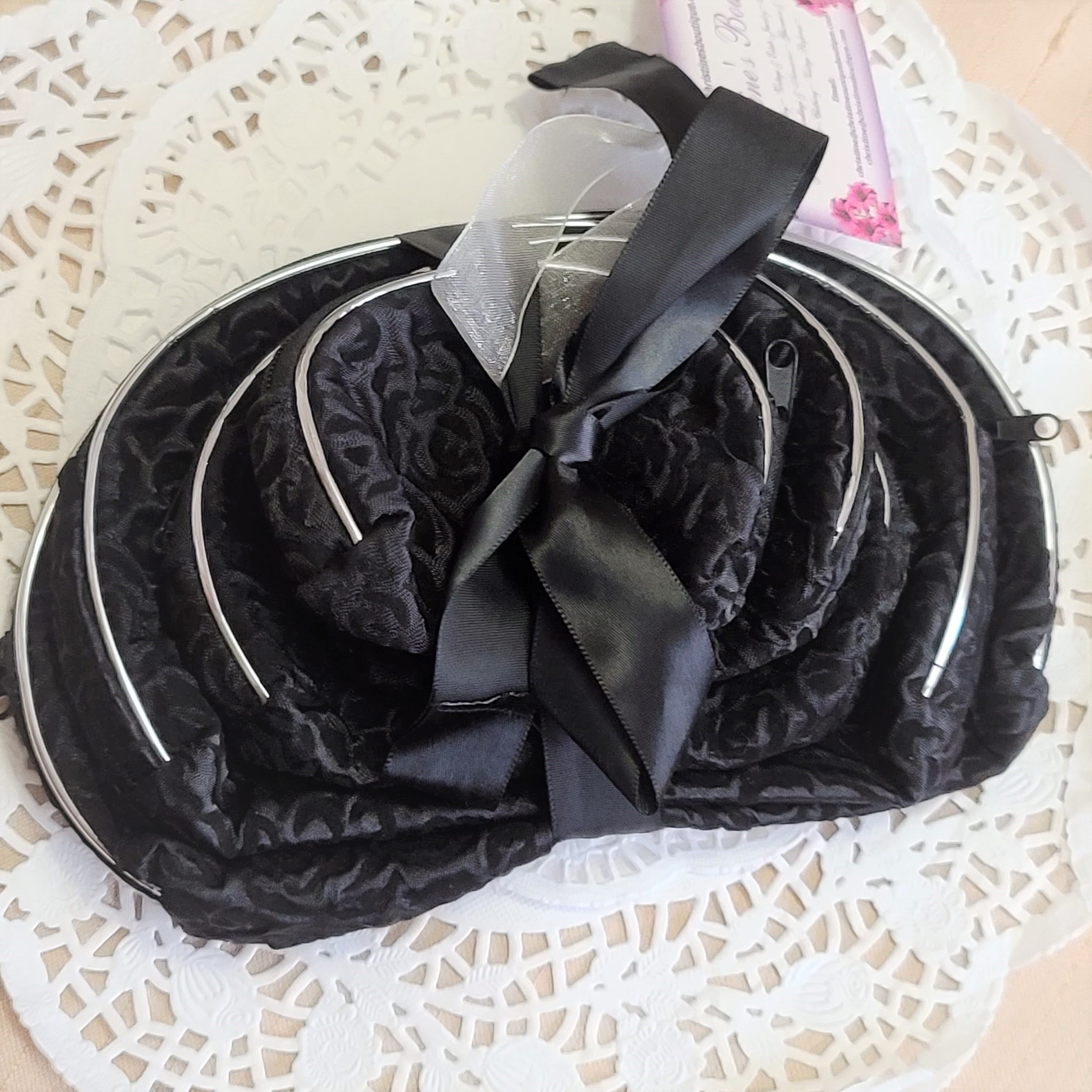 Set of 5 Black Satin Rose Pattern Cosmetic Bags