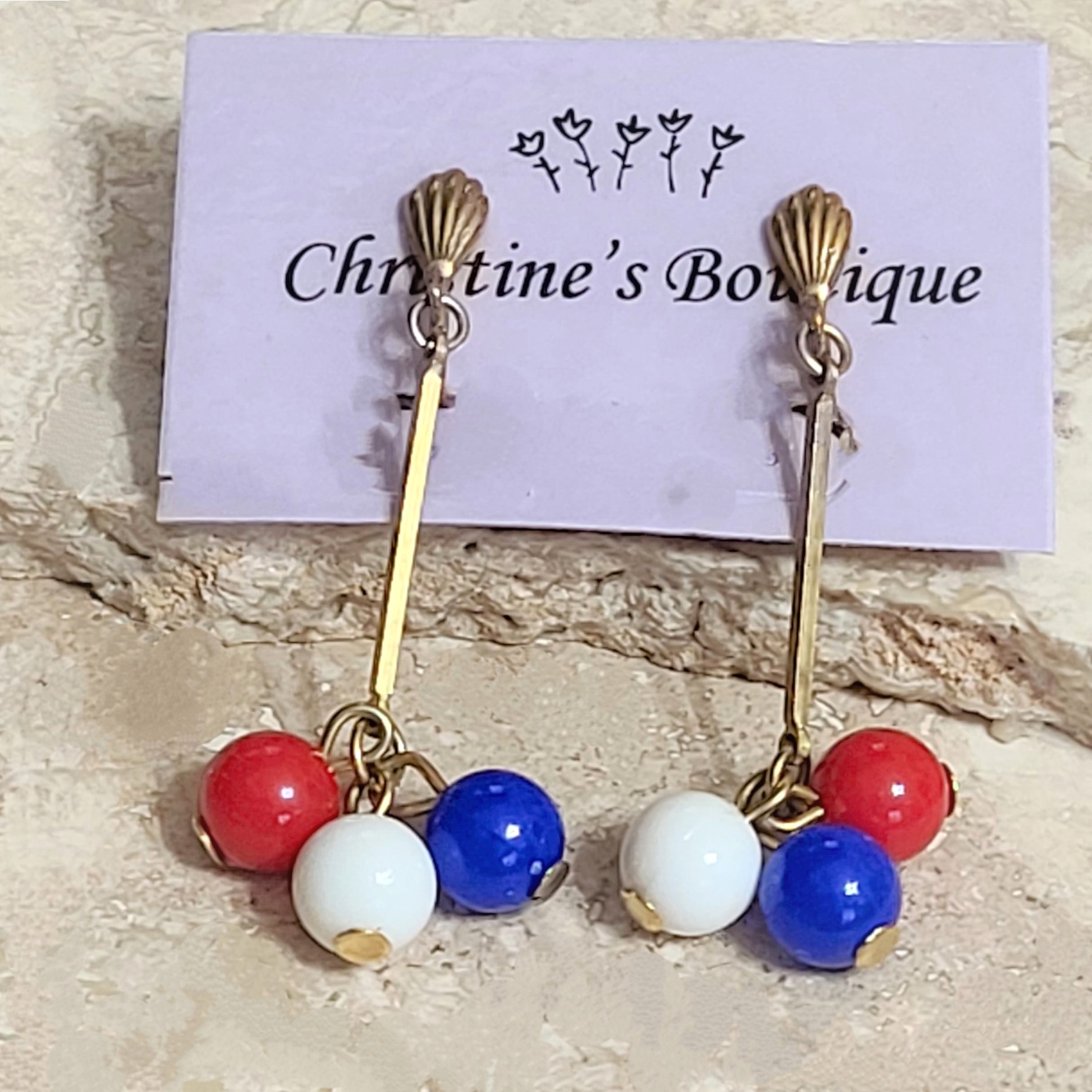 Festive patriotic earrings, red, white and blue, vintage clip on earrings