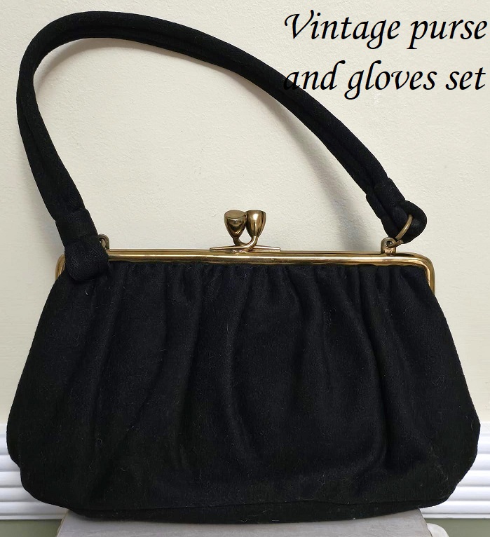 Ingber vintage purse, black vintage purse, matched felt opera gloves, felt like handbag