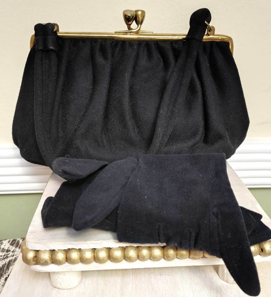 Ingber vintage purse, black vintage purse, matched felt opera gloves, felt like handbag
