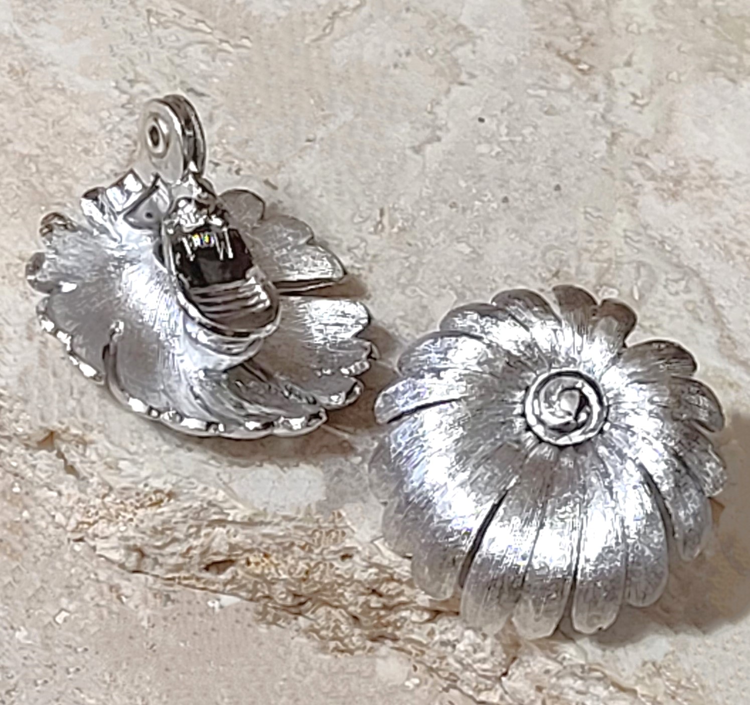 Monet clipon earrings, silvertone flowers, button style vintage earrings