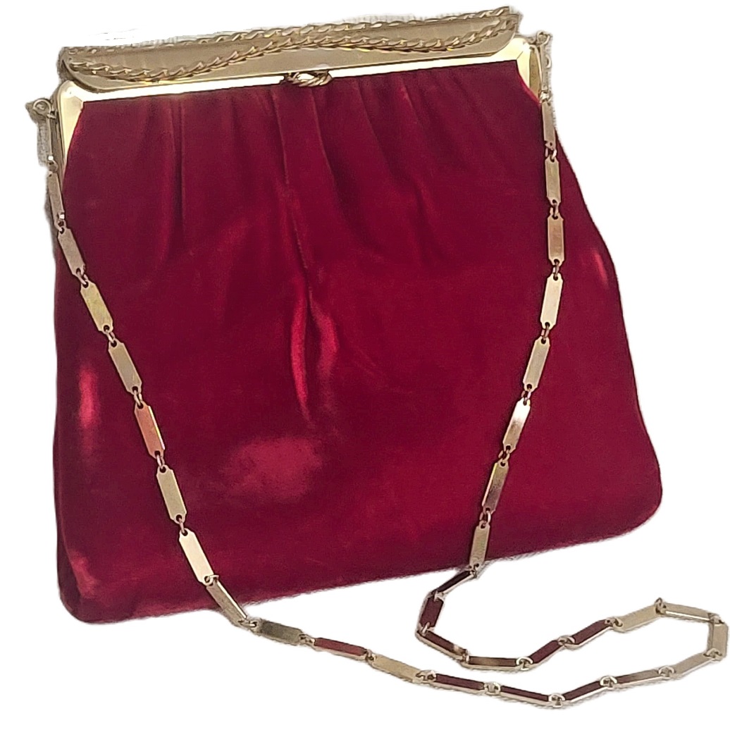 Red Velvet Handbag w/Goldtone Strap & Detail