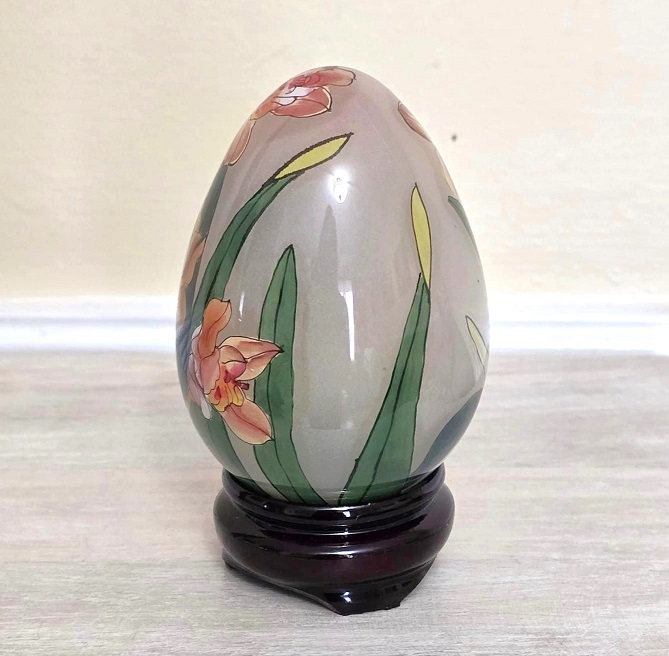 Vintage egg and stand, with original linen box, decorative egg, easter display, orchids