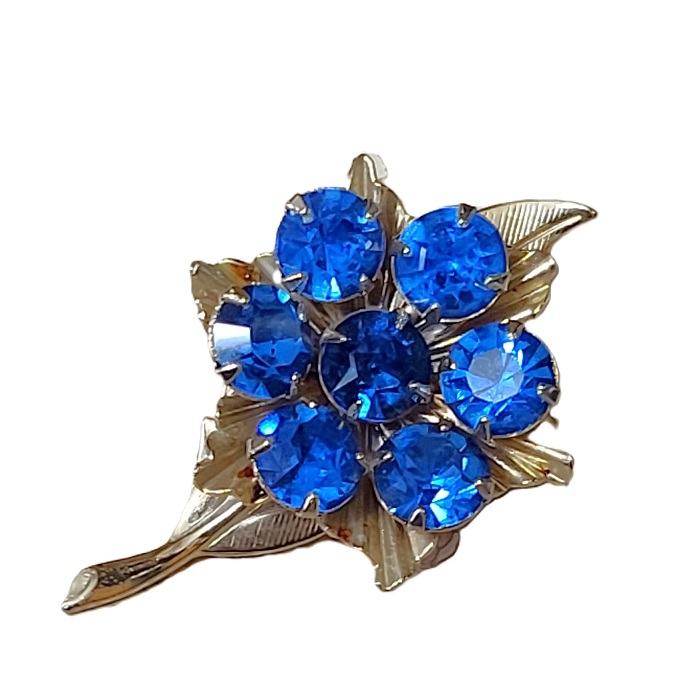 Blue Rhinestone Flower Pin Goldtone