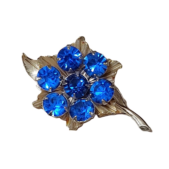 Blue Rhinestone Flower Pin Goldtone