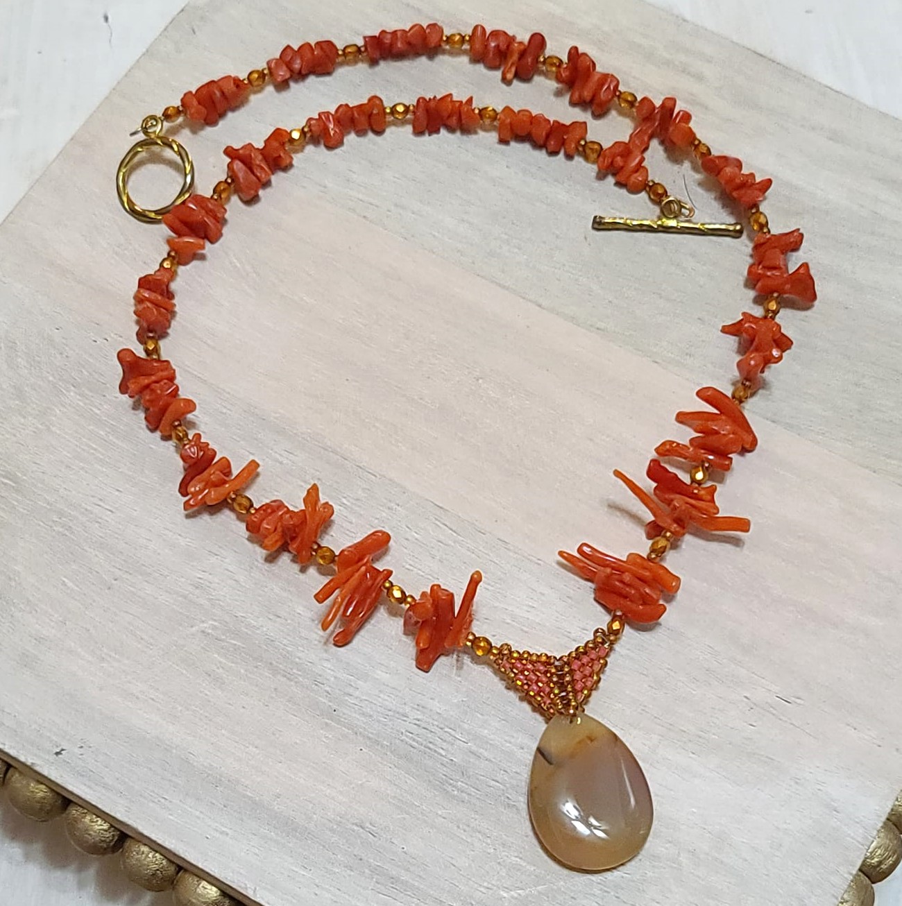 Handcrafted Spine Red Coral with Drop Stone Pendant Lariat