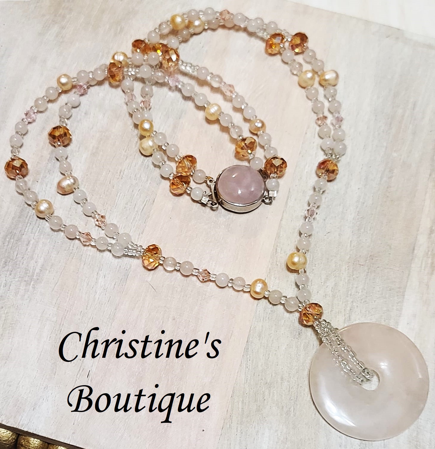 Pink quartz necklace, lariat style, freshwater pearls & crystals - Click Image to Close