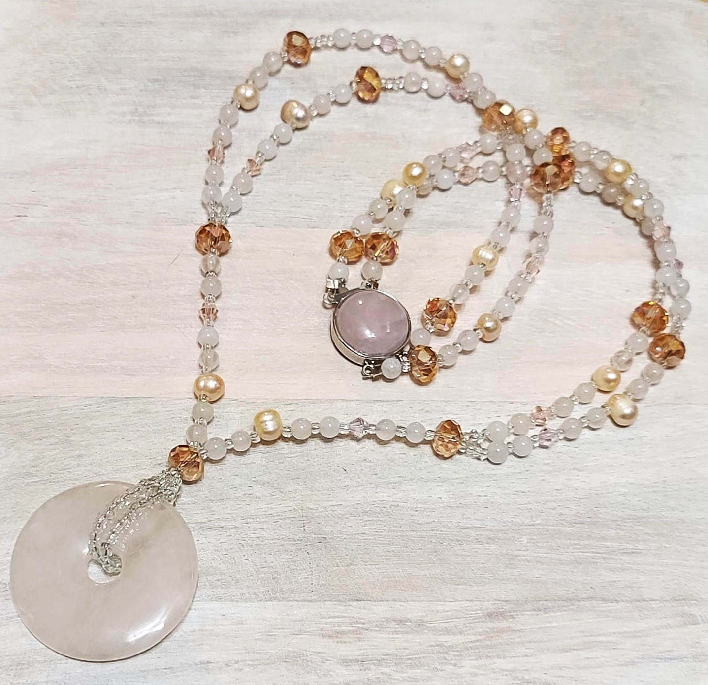 Pink quartz necklace, lariat style, freshwater pearls & crystals