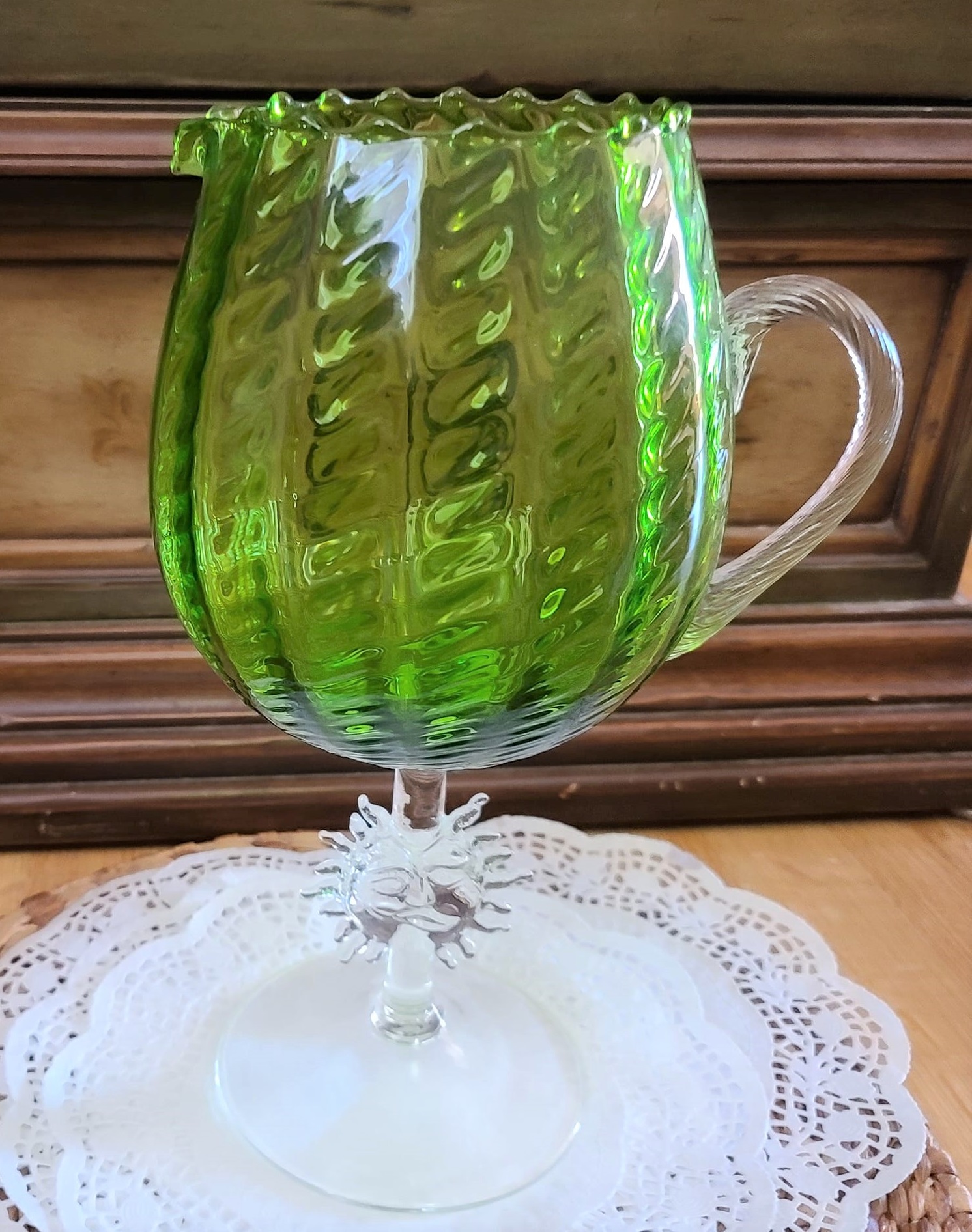 Green Glass Suncatcher Tall Pitcher Vase 12 1/2"