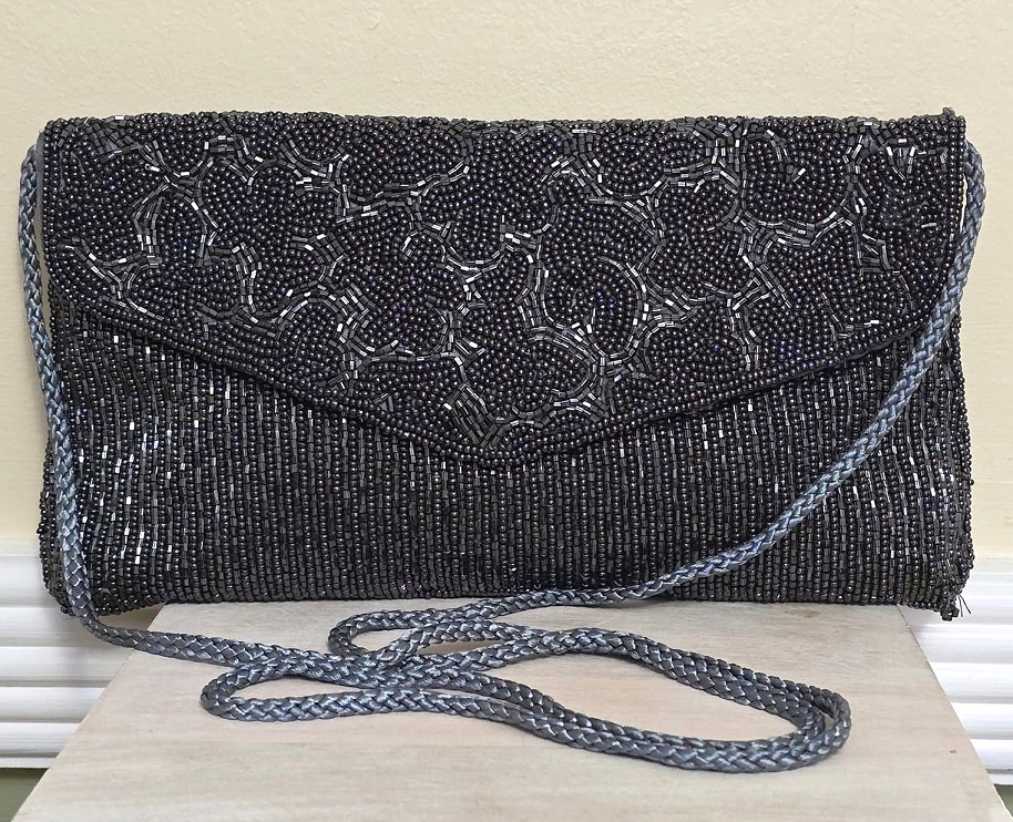 Beaded handbag, gray beaded bag, designer Valerie Stevens