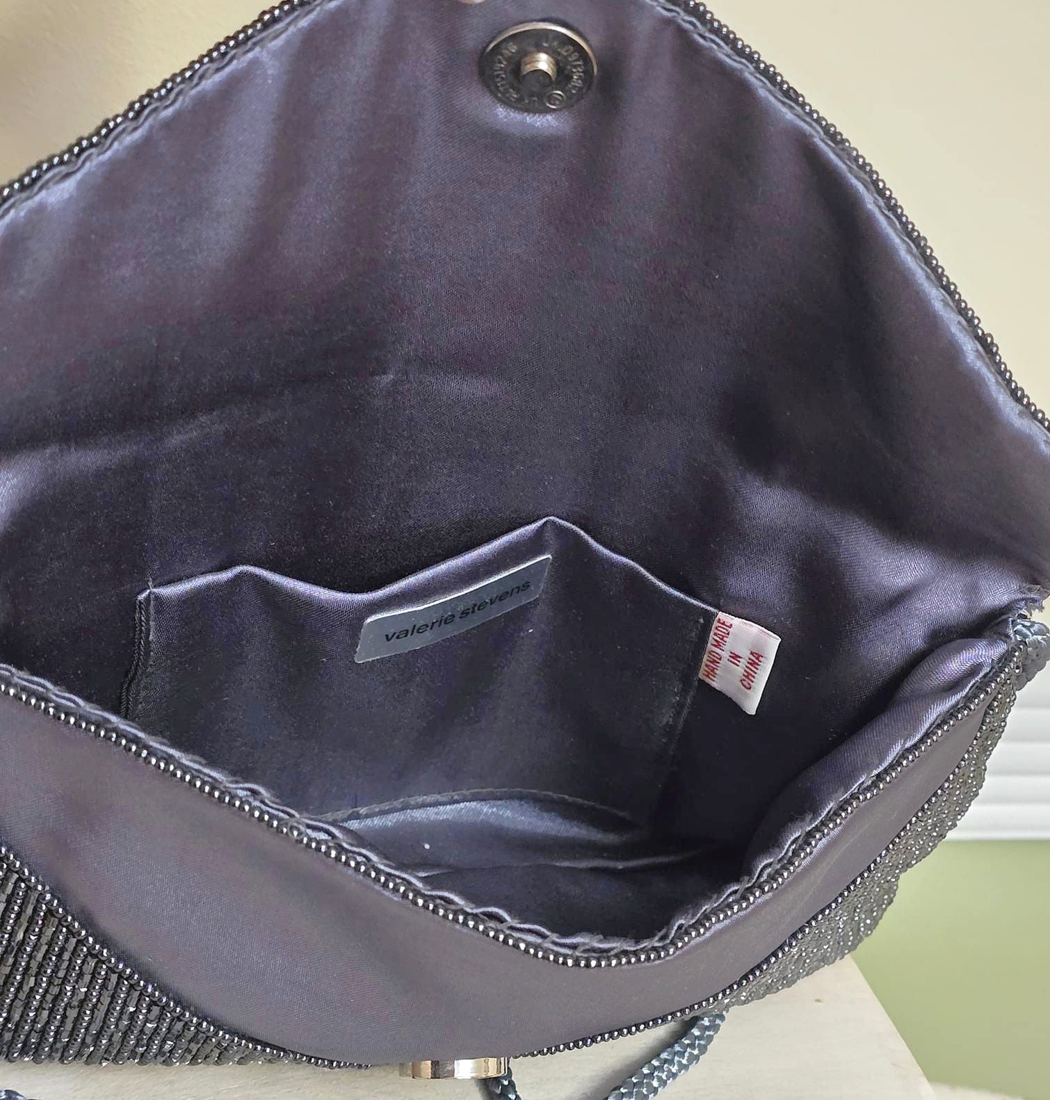 Beaded handbag, gray beaded bag, designer Valerie Stevens