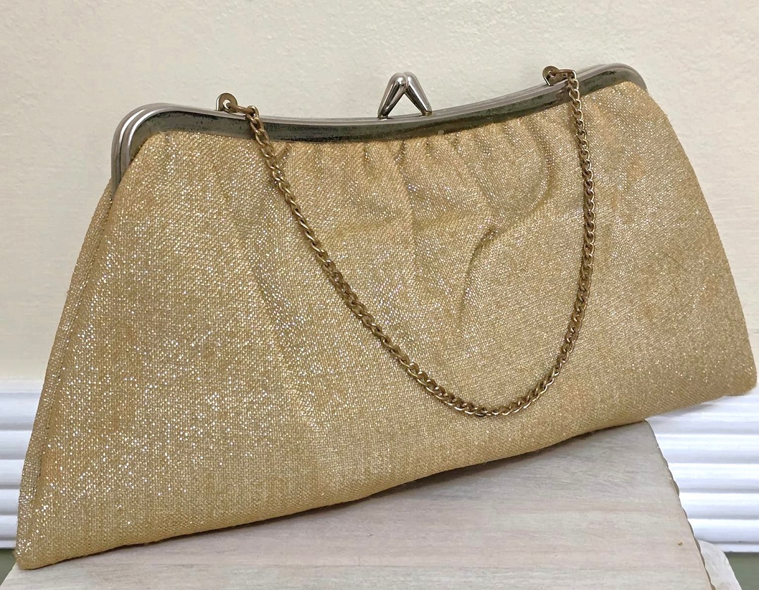 Gold purse, vintage purse with chain handle, gold sparkl material, night out bag