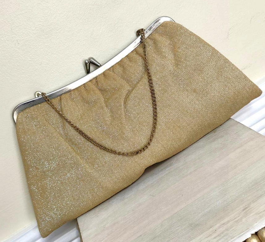 Gold purse, vintage purse with chain handle, gold sparkl material, night out bag