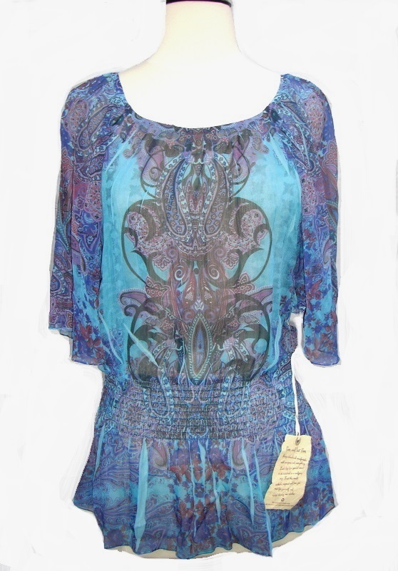 Blouse by One World Paisley Sheer Butterfly Sleeve NWT - Click Image to Close