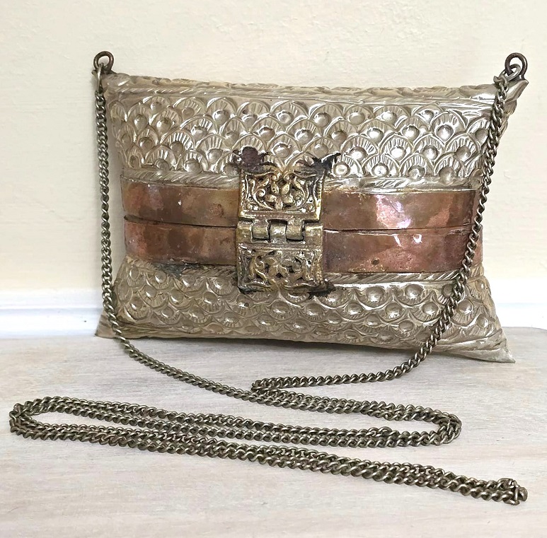 Vintage hard case purse, copper accents, metal purse, ethnic purse, hard cased purse with chain strap