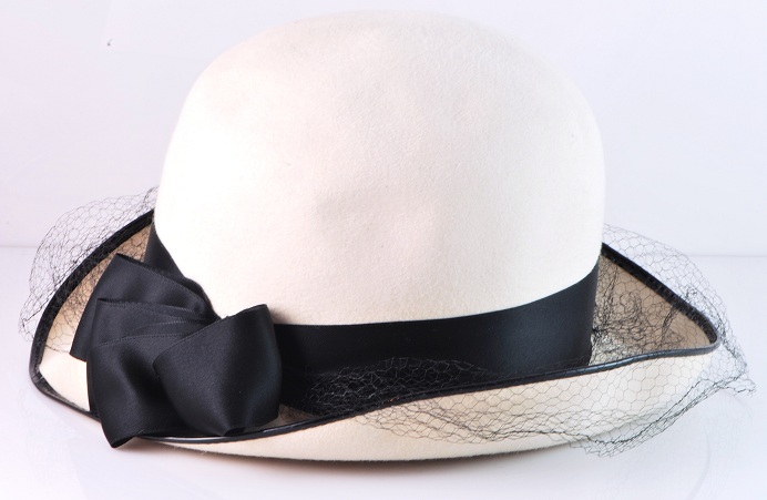 Ivory Felt Vintage Bowler Hat w/Contrast Black Mourning Veil