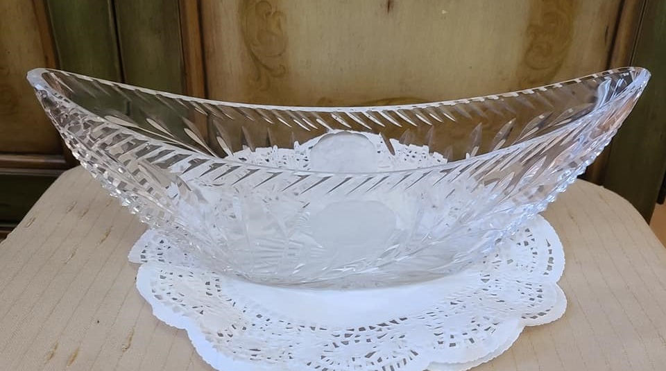 Lead Crystal Etched Cut Rose Pattern Boat Dish Large 15.5 x 5
