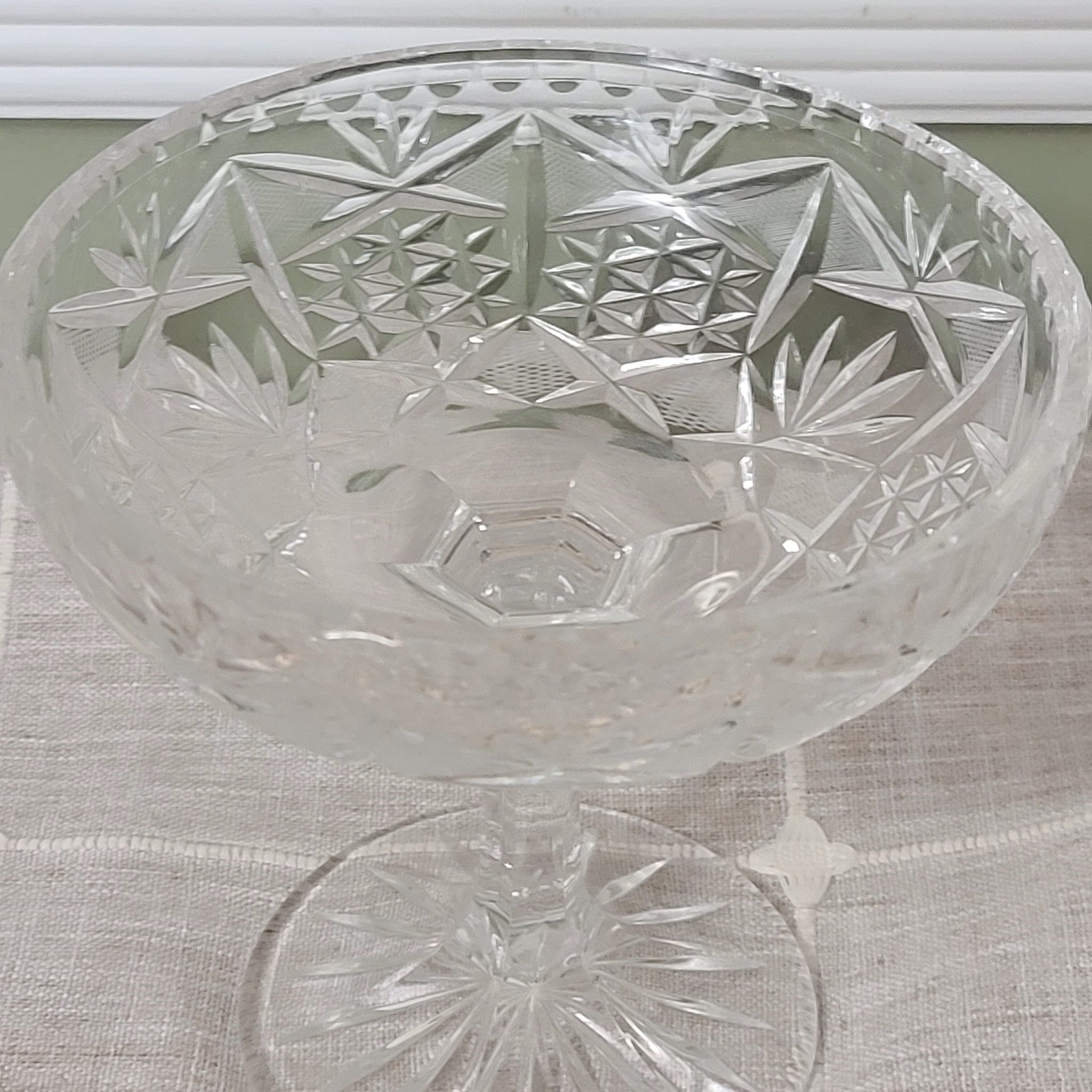 Lead Crystal Etched Cut Open Pedestal Candy Dish