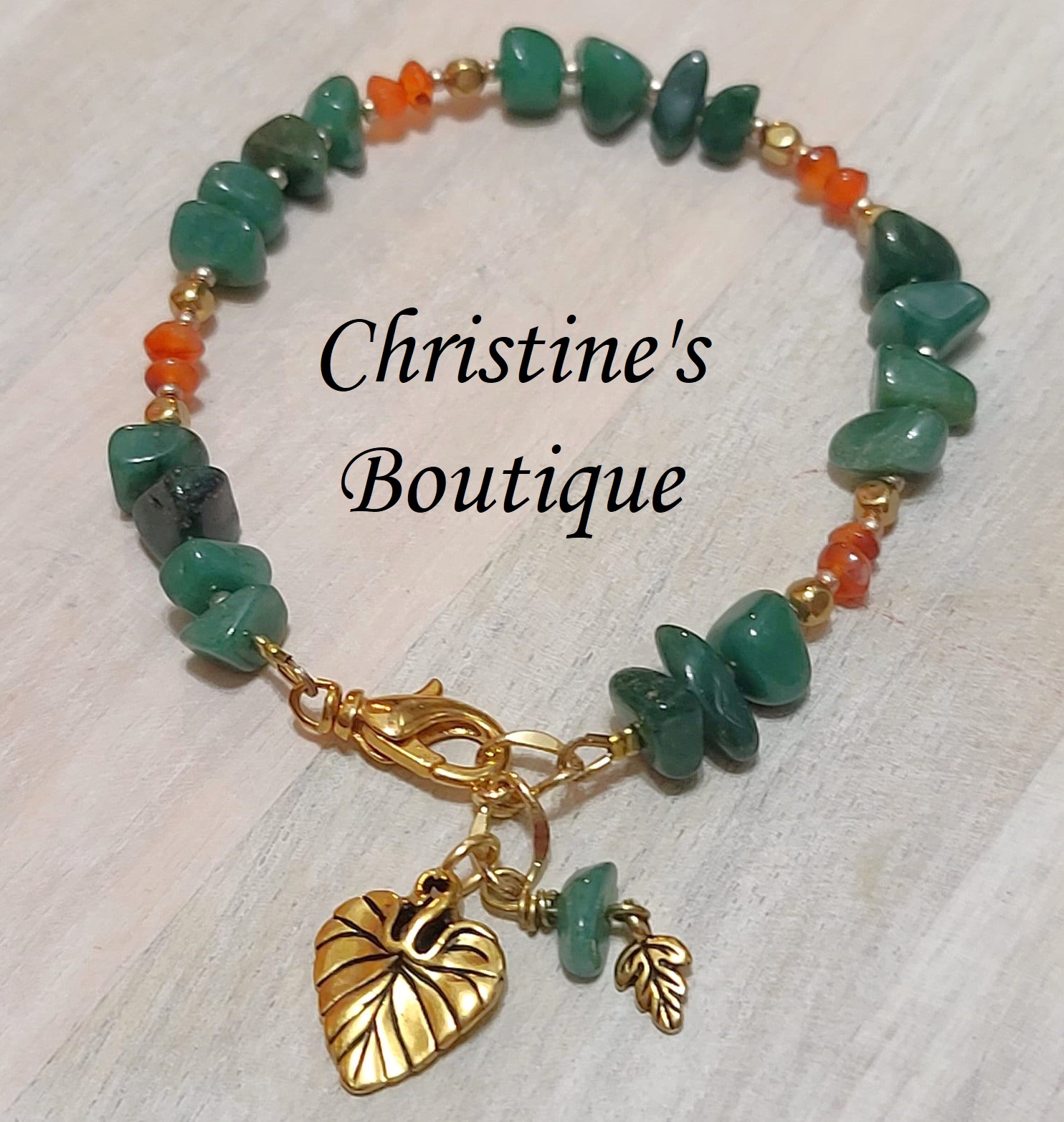 Gemstone bracelet, carnelian & jade gemstone, leaf charms - Click Image to Close