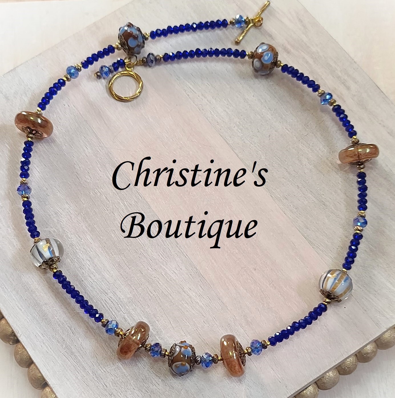 Lampwork glass necklace, blues and tawny brown with cyrstals - Click Image to Close