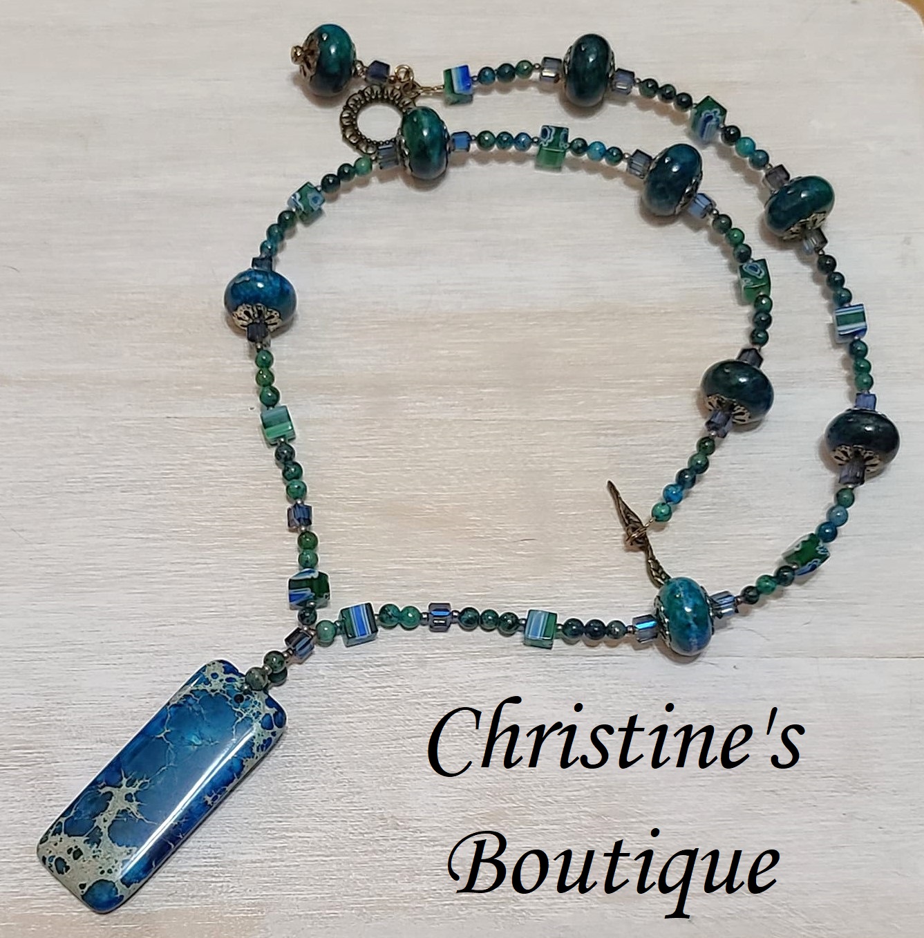 Gemstone pendant necklace, handcrafted, Chrysocolla & green onyx - Click Image to Close