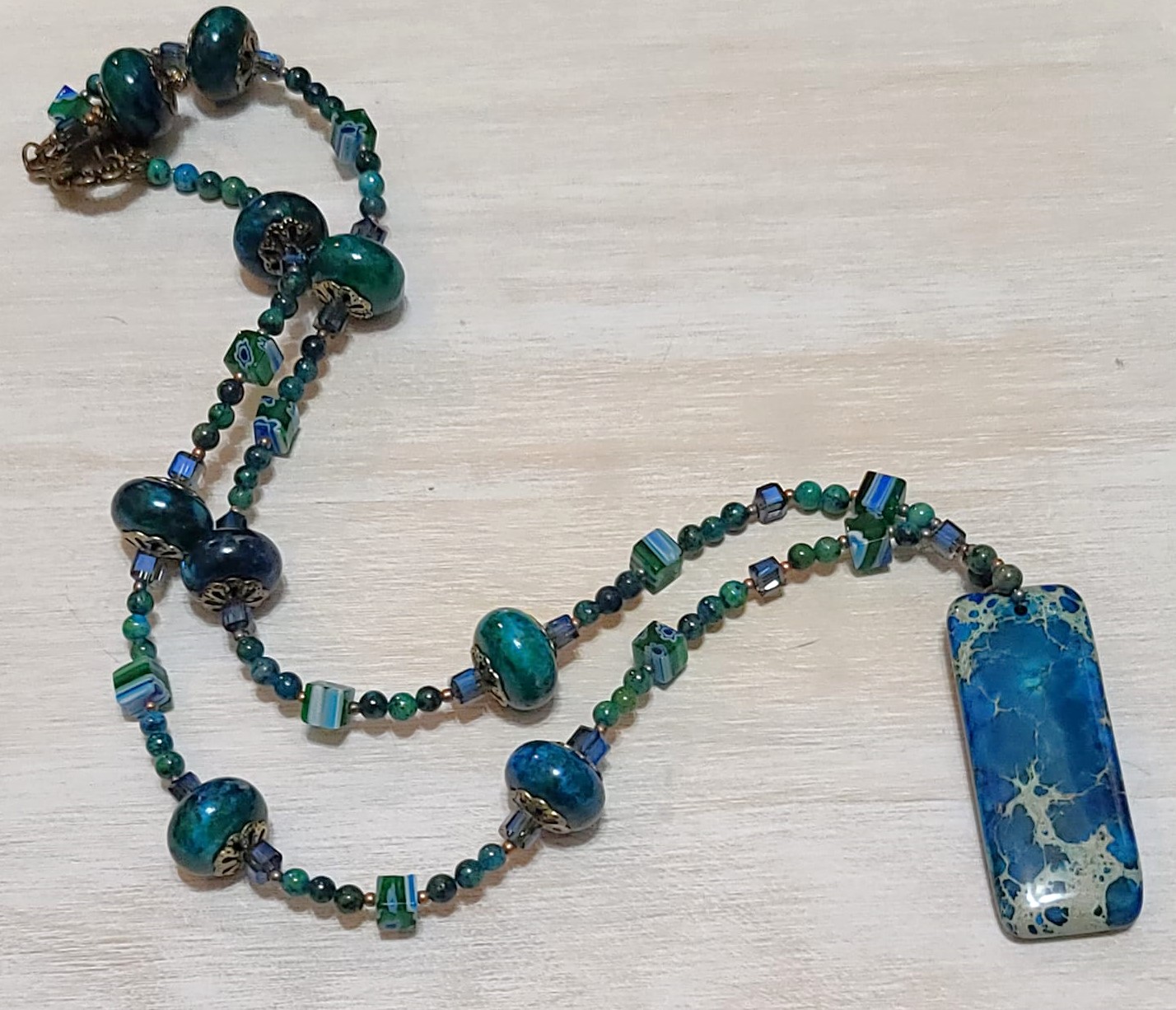 Gemstone pendant necklace, handcrafted, Chrysocolla & green onyx