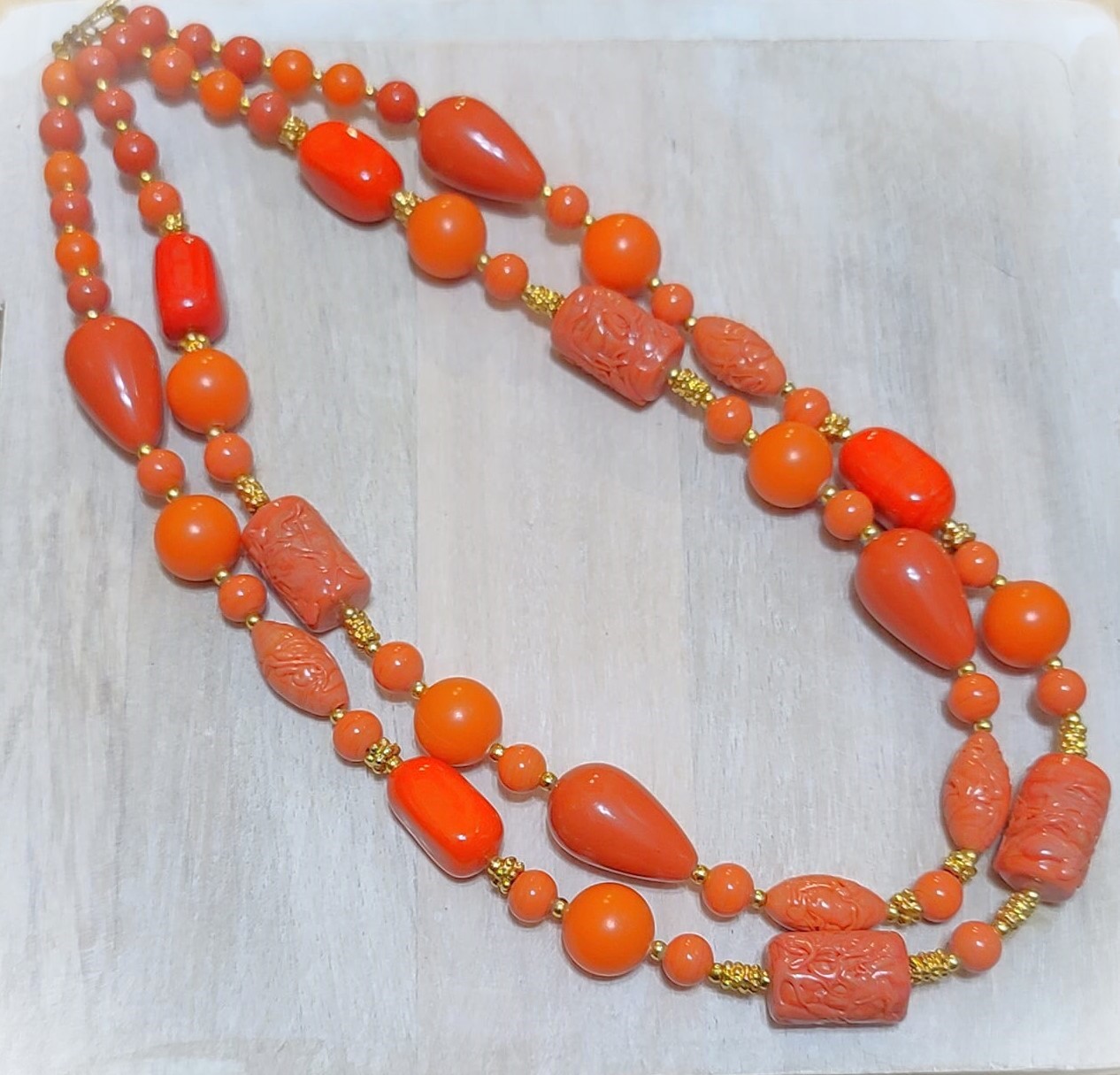 Carved coral colored glass bead 2 strand chunky necklace