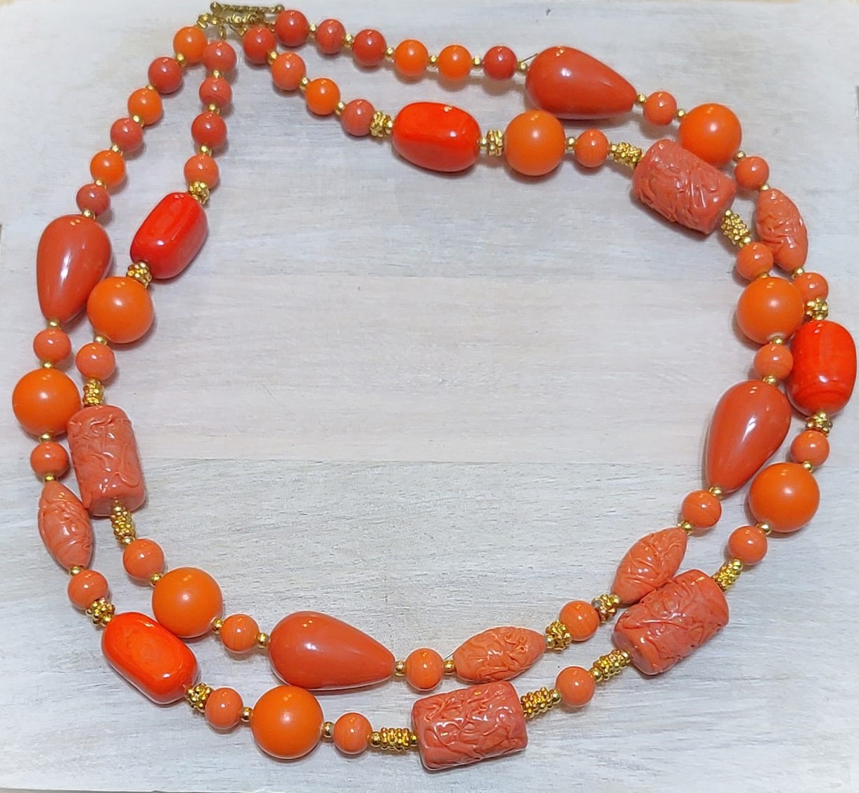 Carved coral colored glass bead 2 strand chunky necklace