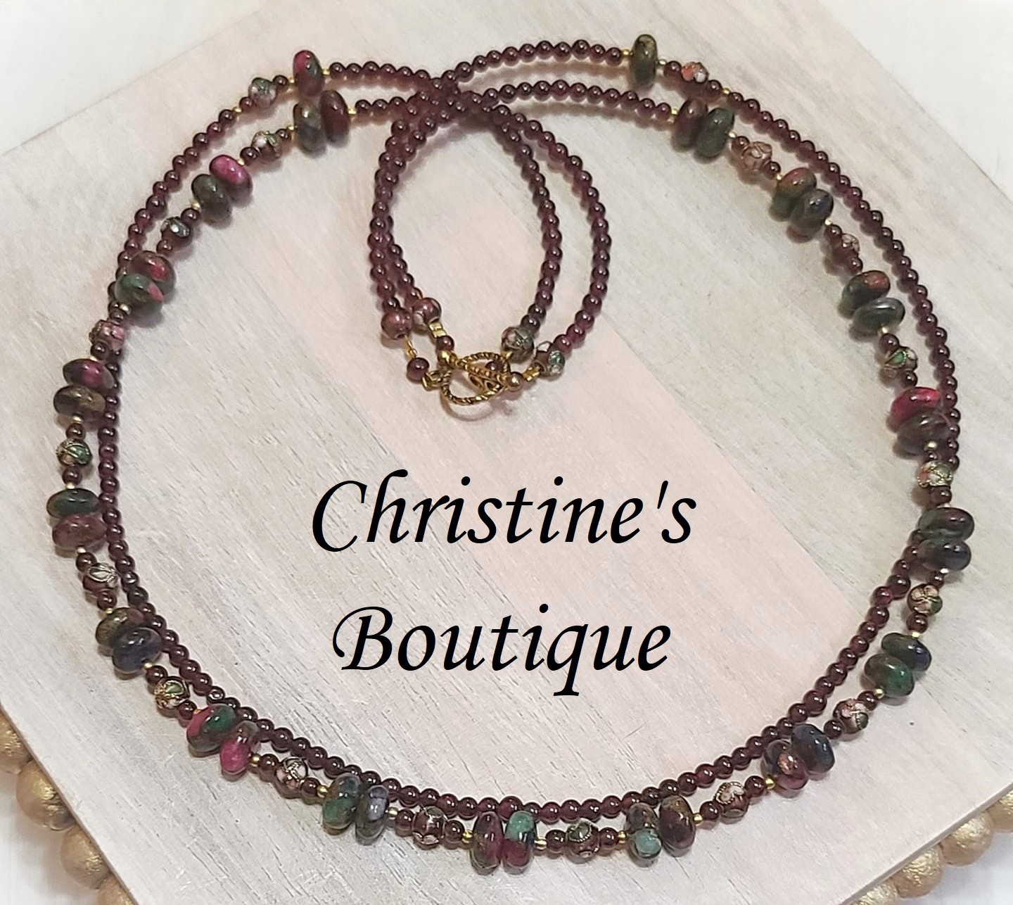 Gemstone necklace, 2 strand with pressed ruby, emerald, sapphire - Click Image to Close