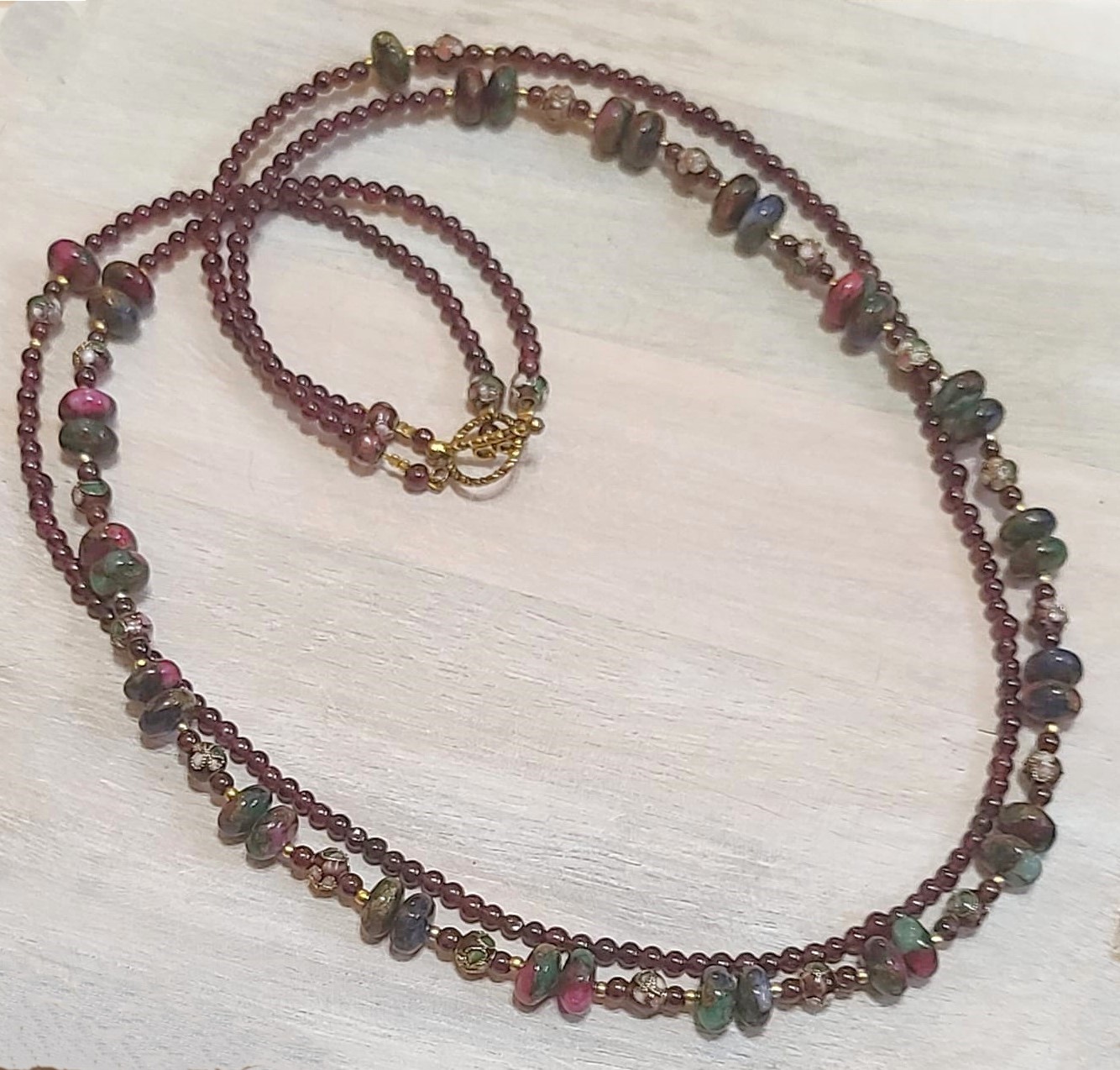 Gemstone necklace, 2 strand with pressed ruby, emerald, sapphire