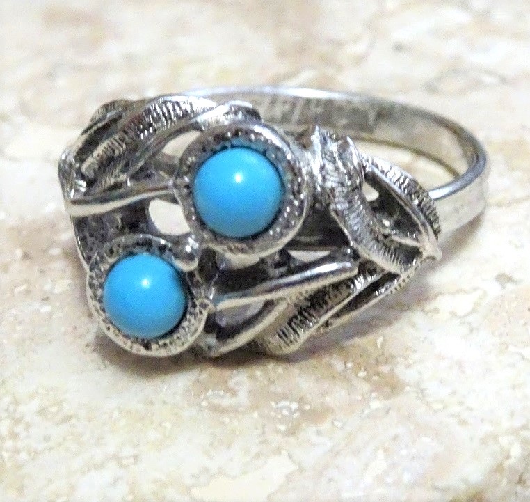 Vintage adjustable ring, by designer Sarah Coventry turquoise cabachon beads - Click Image to Close