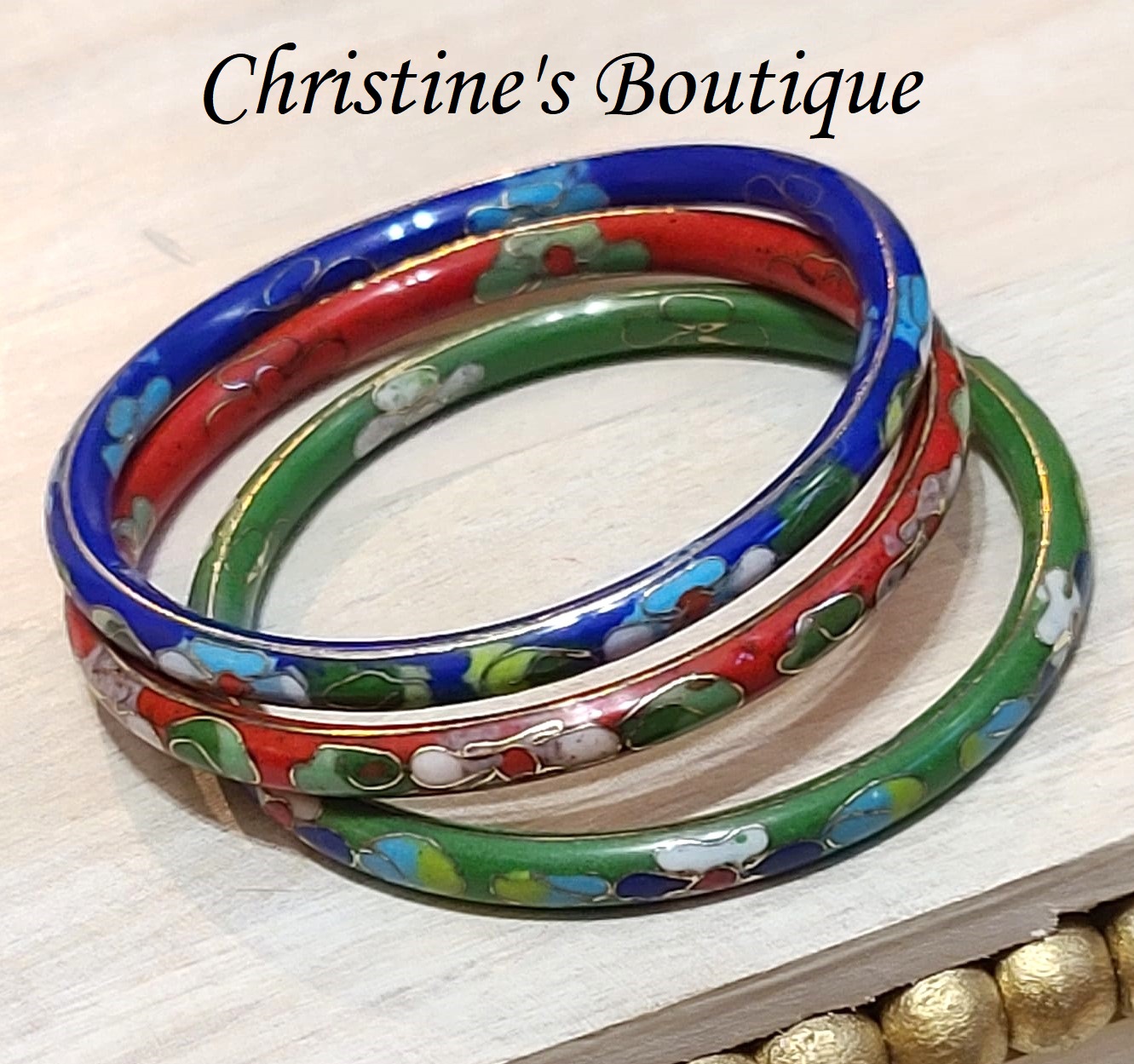 Cloisonne bangle bracelets, vintage, set of 3, red, green and blue