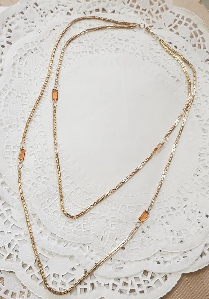 Goldtone Double Chain Necklace with Amber Glass Accents