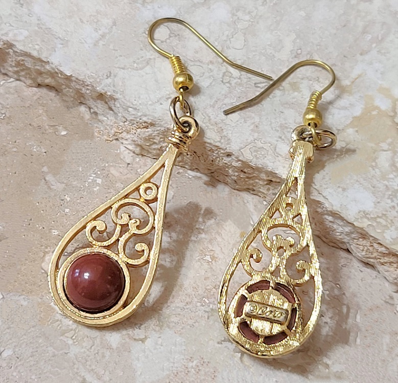 Coro dangle earrings, pierced, vintage with dark red cabachon