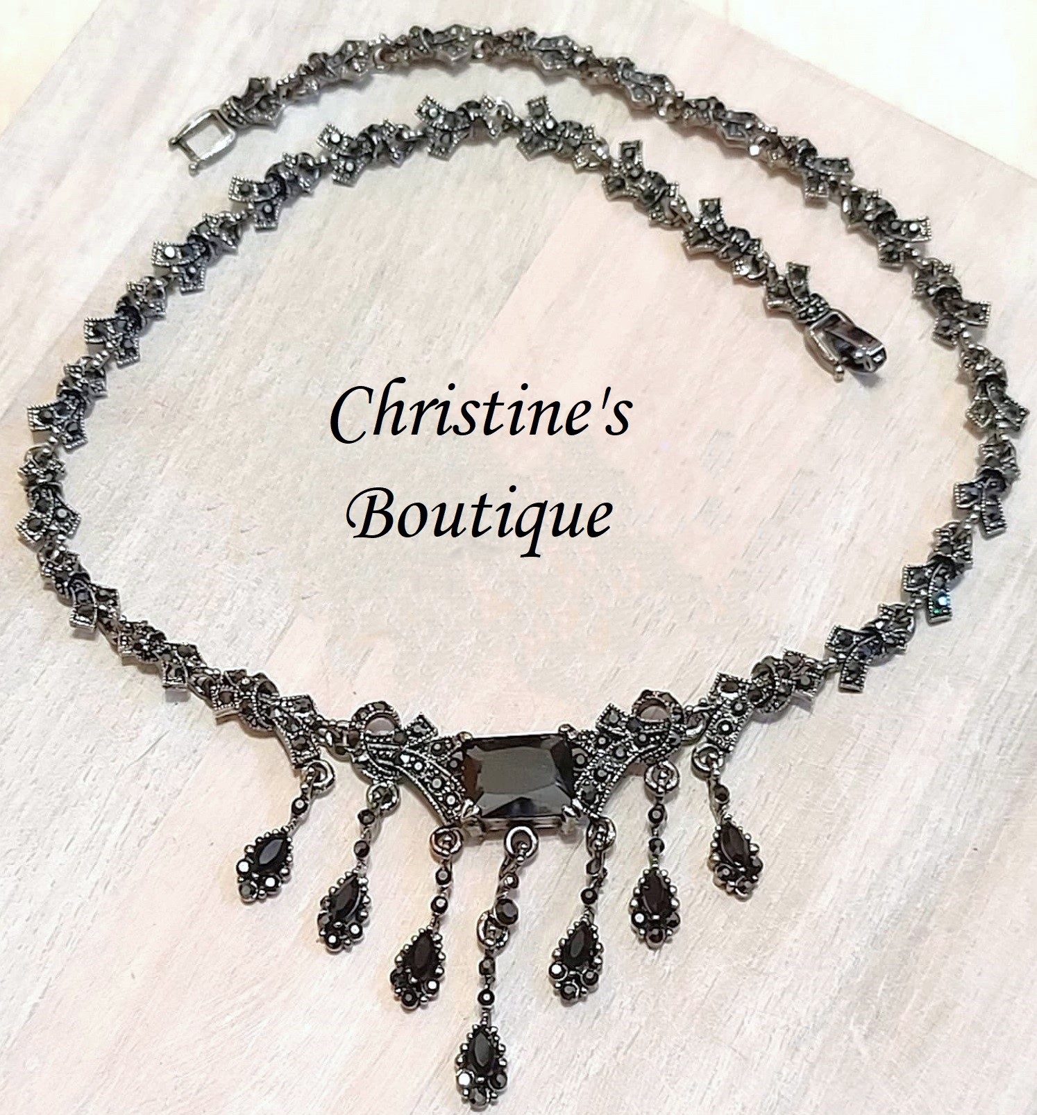 Czech crystal necklace, black czech crystal and marcasite, vintage necklace, princess necklace - Click Image to Close