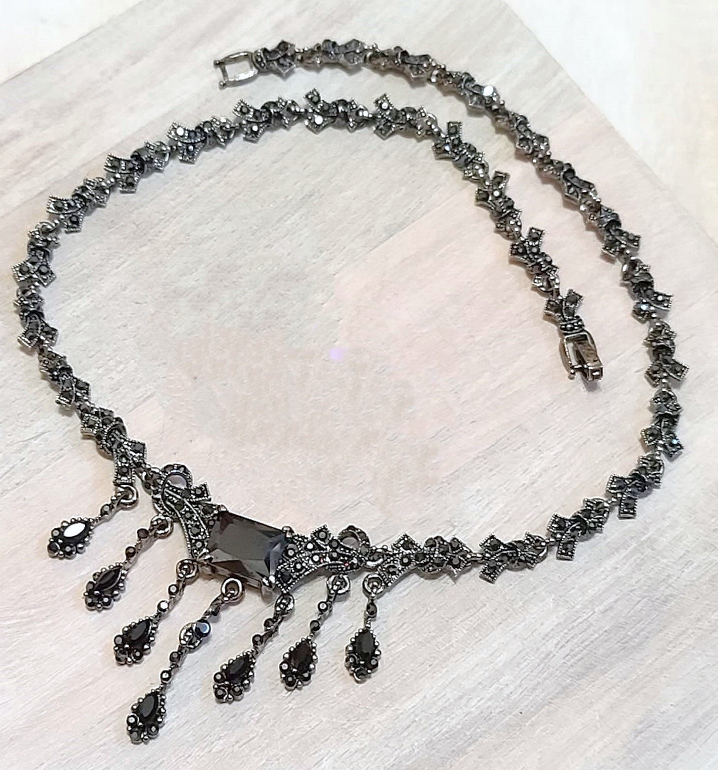 Czech crystal necklace, black czech crystal and marcasite, vintage necklace, princess necklace