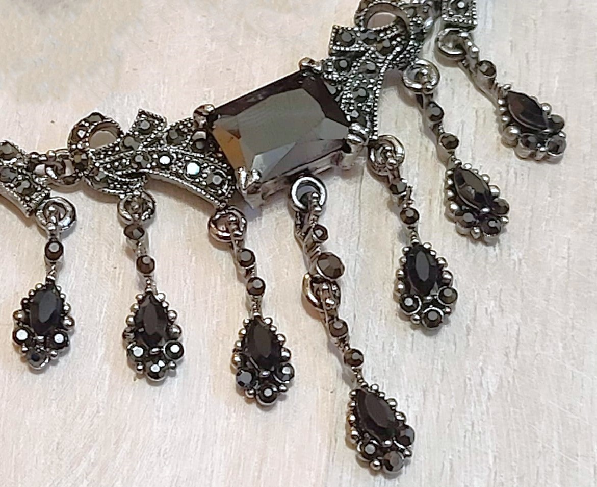 Czech crystal necklace, black czech crystal and marcasite, vintage necklace, princess necklace