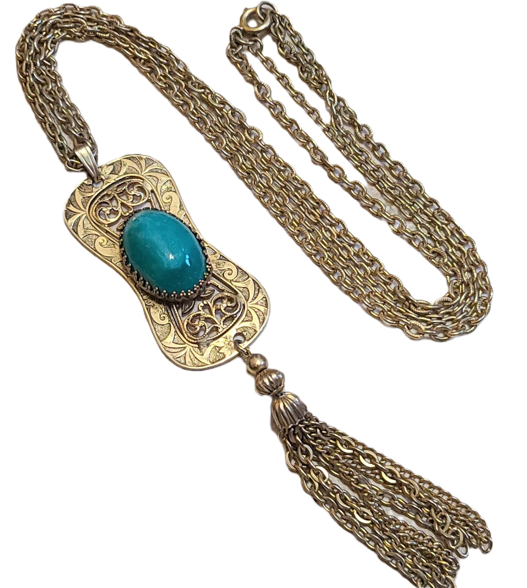 Asian Filigree with Green Cabachon 24" Tassel Necklace